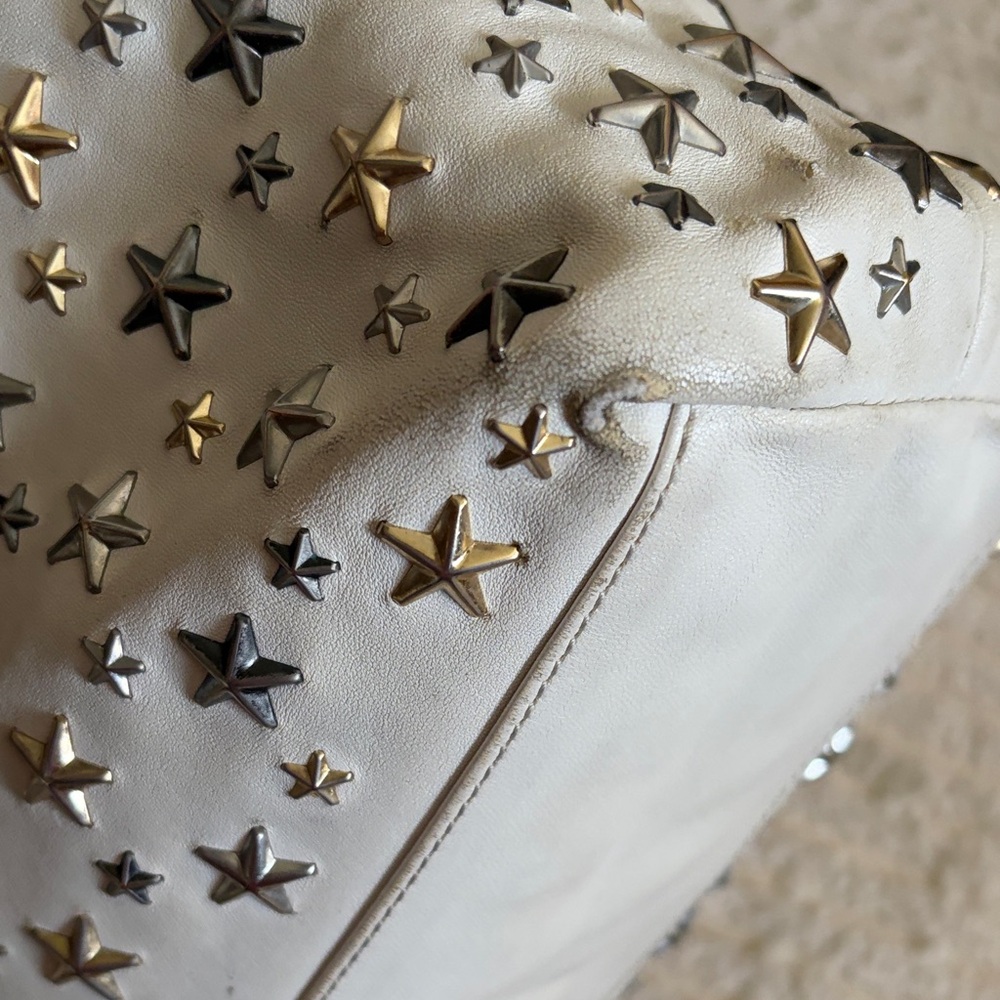 Jimmy Choo White Leather Gold, Silver, Gunmetal Star Studded Tote Bag - Picture 13 of 15